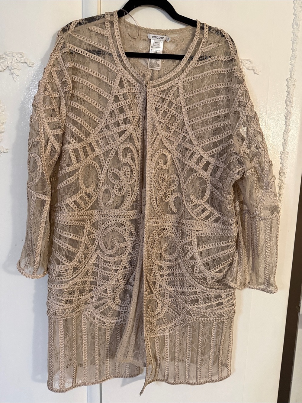 Chico's Taupe Crochet Lace Open-Front Cardigan Jacket